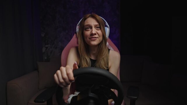 Caucasian Woman Screaming In Racing Simulator, Abrupt Surprise And Wide Eyes, Hands Clenching Wheel, Headset