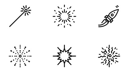 Fireworks, Magic wand and Rocket icons: A collection of simple black line art icons representing a rocket, magic wand and multiple fireworks explosions. © abidakhatun