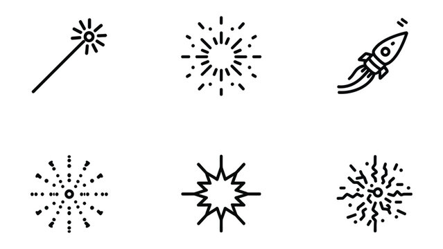 Fireworks, Magic wand and Rocket icons: A collection of simple black line art icons representing a rocket, magic wand and multiple fireworks explosions.