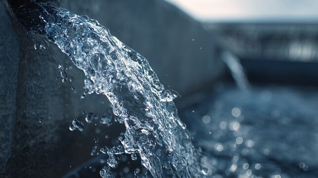 Water flows down a scrubber, clear and bright. It's an idea for saving and protecting our water resources, keeping them pure.