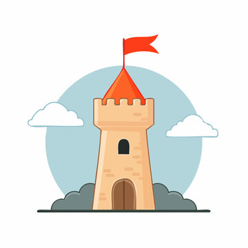 Cartoon Castle Tower with Red Flag and Clouds