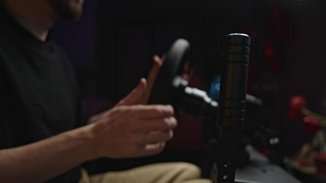 Mid Shot White Man Testing Wheel, Soft Studio Lighting With Microphone Beside Wheel, Playful Gestures