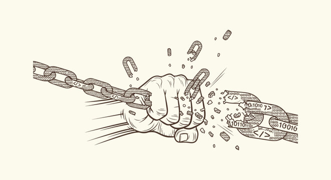 A conceptual hand fist breaking a digital chain made of binary code and web programming symbols.