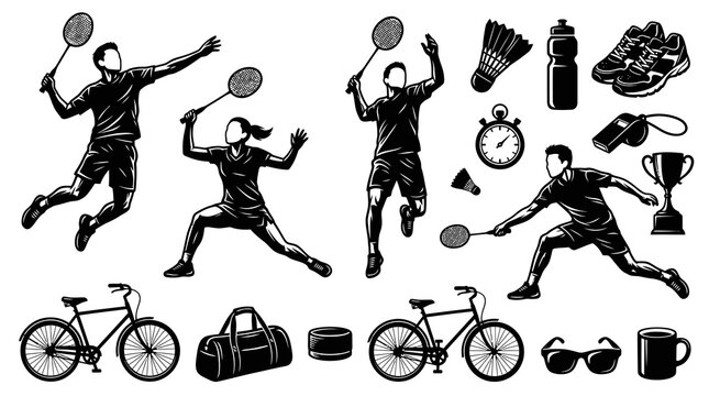 Monochrome Sports and Fitness Vector Illustration Set: Badminton Players, Cycling, Gym Equipment, and Active Lifestyle Icons