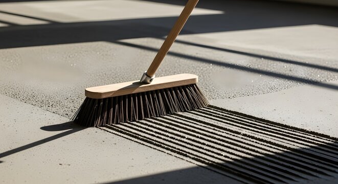 Sweeping The Concrete Floor With A Broom Creating Distinct Lines