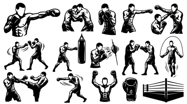 Black and White Boxing Icons: Fighters, Gloves, Ring, and Bag