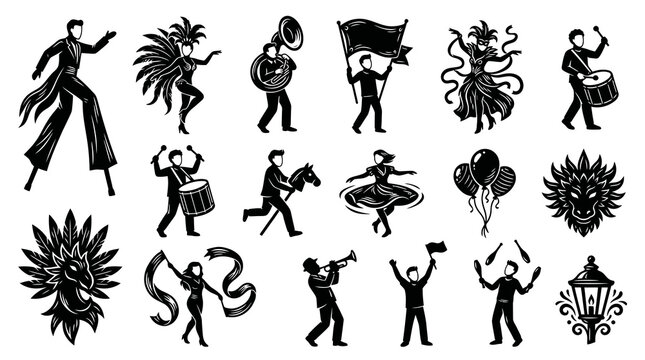 Festival and Entertainment Black  White Glyph Icons: Carnival Performers  Party Elements