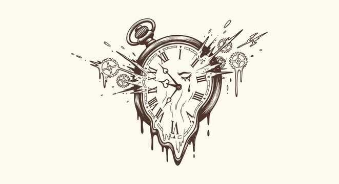 Vintage Surrealist Melting Pocket Watch Illustration with Bursting Gears and Drips on Plain Background