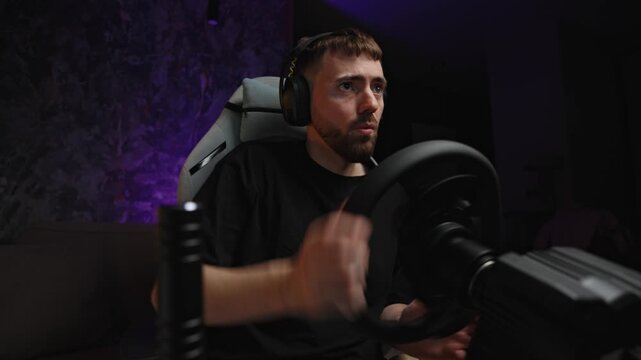White gamer focused in sim racing cockpit, headset on, hands gripping steering wheel, intense expression during competitive