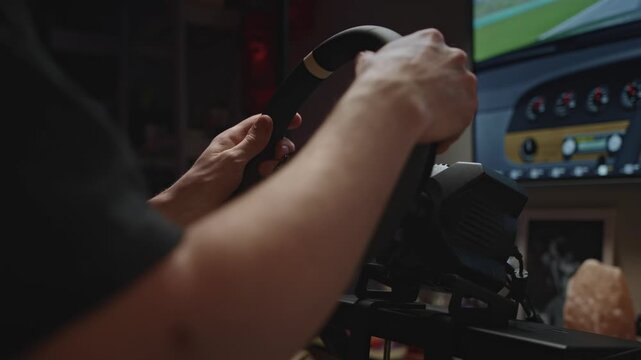 Closeup hands adjusting sim steering wheel for calibration, hardware components and rgb pc glow in background, careful precision