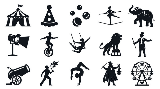 Black and White Circus Icons - Tent, Lion, Elephant, Magician, Acrobat