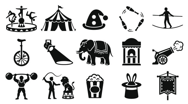 Circus Entertainment Glyph Icons Set. Solid Black and White Vector Symbols for Show, Performance.