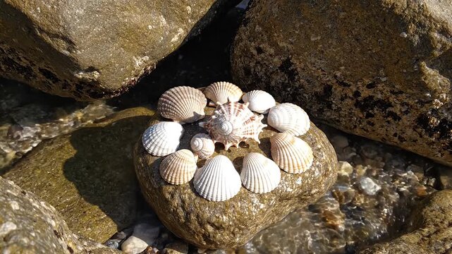 Shells arranged in circular pattern on a stone by a water stream