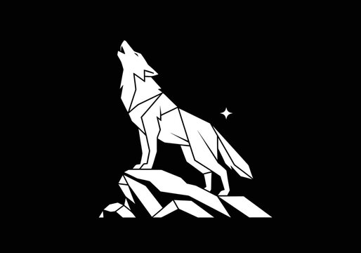 Geometric white wolf howling on mountain peak over black background