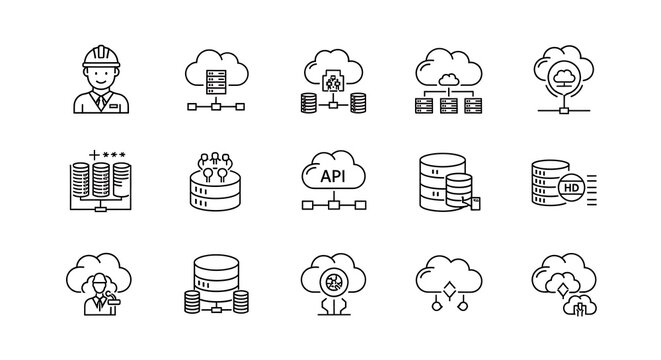 Server architecture icons illustrate API integration, cloud hosting, and data infrastructure components for high-level technical documentation and software engineering.