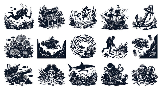 Underwater Exploration and Treasure Hunt Black  White Line Art Vector Illustration Set with Marine Life