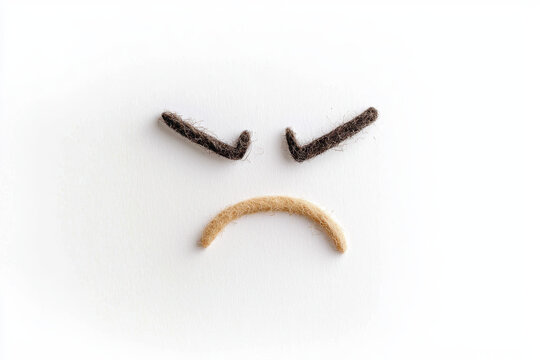 Cartoon face with pouting lips and angry expression made from felt pieces, showcasing creativity and emotion