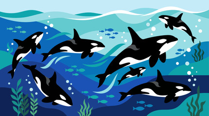 a group of orcas swimming in the ocean. © Abhinaya Project