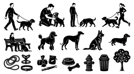 Fototapeta premium Black and White Pet Care and Dog Walking Vector Silhouette Icon Set - People, Dogs, and Accessories