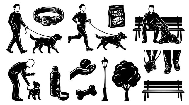 Dog Walking and Pet Care Vector Glyph Icons Set - People, Dogs, Park Elements, and Accessories in Black Silhouette