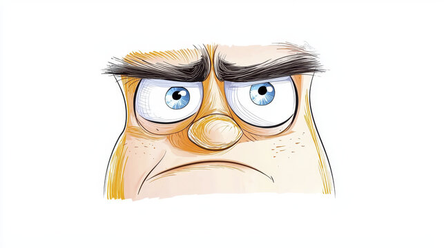 Skeptical cartoon face with furrowed brows and intense blue eyes, expressing mix of confusion and concern