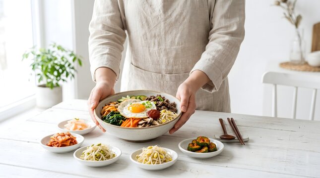 Korean Bibimbap, Side Dish Close Up Serving Detail