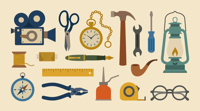 Collection of various vintage tools and gadgets.