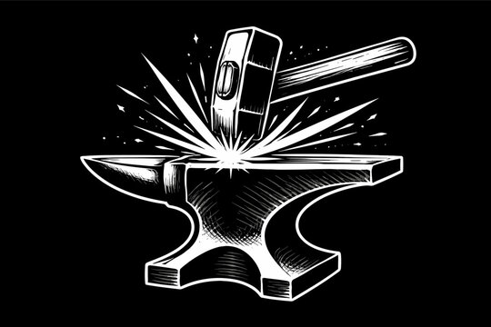 Bold monochrome artwork depicting a heavy mallet crashing onto a sturdy metal anvil with explosive sparks, evoking raw industrial strength, traditional forge craftsmanship, and the timeless art of