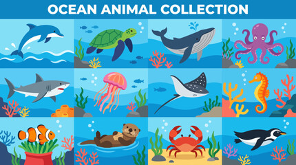 Colorful ocean animals illustration collection. © Abhinaya Project
