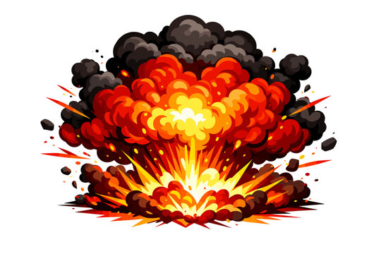 Dynamic cartoon bomb explosion and magic smoke effect with a vibrant red fire cloud and orange blast burst isolated on white for game design assets, comic book illustrations, and action icons.