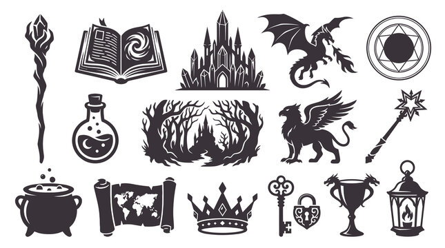 Fantasy Magic Glyph Icons Set for Gaming, RPG, and Mystical Storytelling Assets Vector Collection