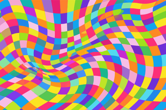 Vibrant psychedelic banner showcasing a colorful square grid distortion pattern in a modern flat vector illustration, perfect for artistic backgrounds, abstract web design, and creative layouts.