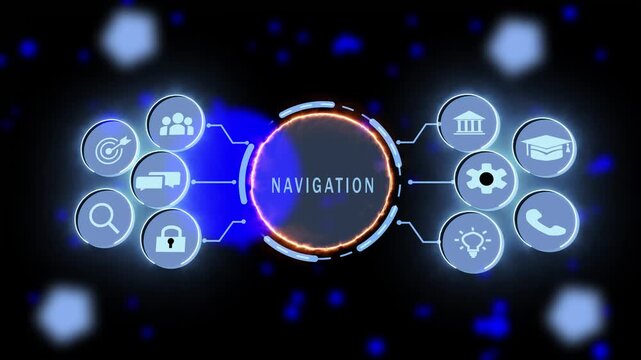 Futuristic digital navigation interface with animated hud and glowing ui for corporate technology presentations, software development projects, and advanced data