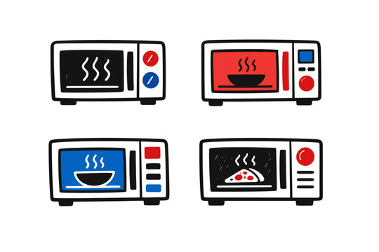 Set of four colorful hand drawn microwave oven icons in black red and blue tones featuring a minimalist doodle style for kitchen appliance illustrations, home cooking blogs, and domestic icons.