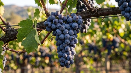 Fototapeta premium Cluster of Ripe Blue Wine Grapes With Morning Dew on Vine in Sunlit Vineyard
