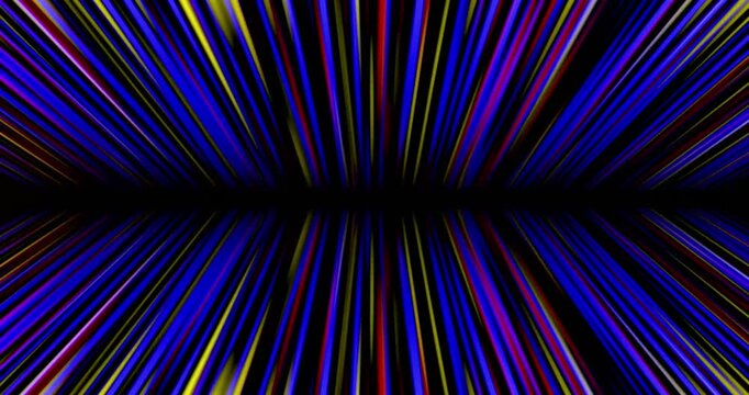 Neon radial burst animation, blue, red, and yellow glowing light rays expanding symmetrically from dark center on ablack background, front view, representing speed, energy, and futuristic motion conce