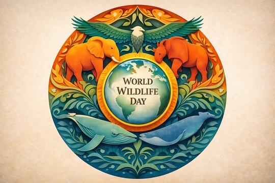 Intricate animal emblem with earth globe for world wildlife day art