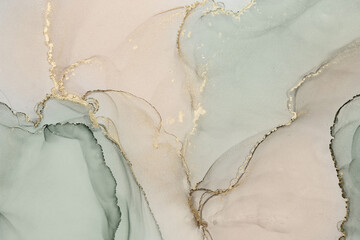 Abstract fluid art painting soft pastel earthy tones of sage green, beige and soft pink, highlighted with subtle gold metallic veins. © Anntuan
