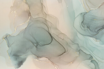 Ethereal fluid art painting soft pastel toned of sage green, beige and soft pink with golden splashes. © Anntuan