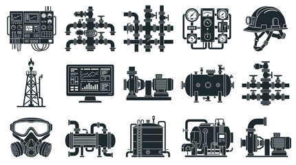 Obraz premium Industrial Equipment Icons: Pumps, Valves, Monitor, Rig, Safety Gear, Black Glyph