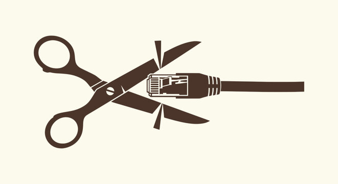 Silhouette of scissors cutting rj45 network cable symbol for internet disconnection and outage.