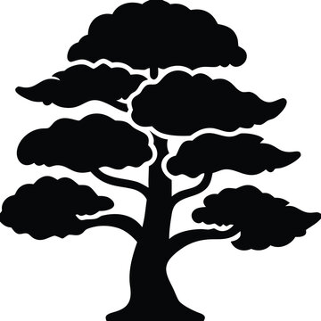 Simple black silhouette of a tree with rounded canopy and visible roots