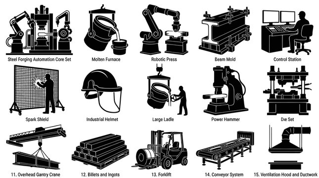 Heavy Industry Metalworking Forging Process Equipment Icon Set. Manufacturing Tools Glyphs.