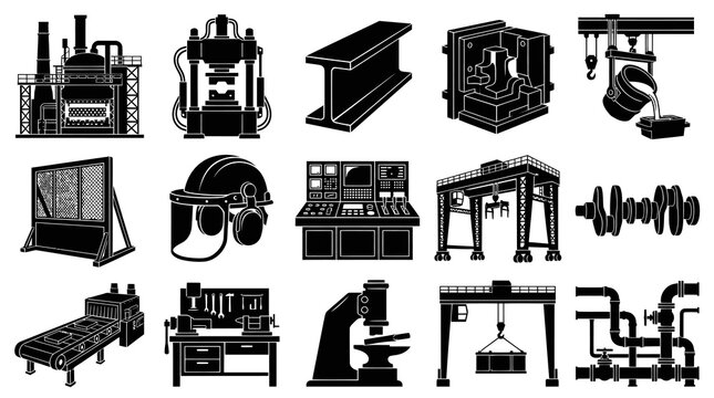Manufacturing and Heavy Industry Black Glyph Icons Set with Factory, Equipment, and Worker Safety Gear