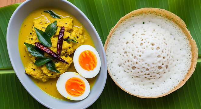 Appam and Vegetable Stew with Boiled Eggs on Banana Leaf