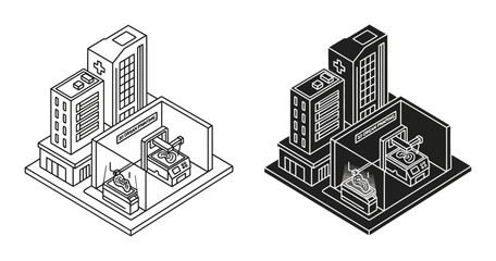 Naklejka premium Smart factory icon set with industrial buildings and robotic arm, white background, vector Illustration
