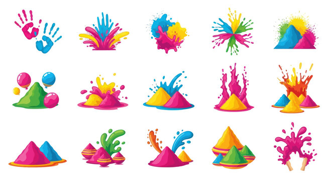 Holi Festival Powder Colors Splashes and Piles Icons Set