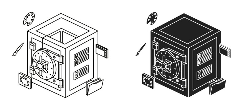 Data safe icon set with server and folder details, outline and solid isometric vector Illustration, white background
