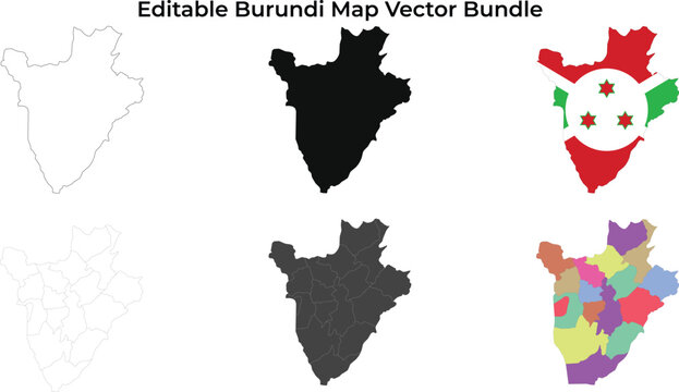 Burundi map bundle: outline, silhouette, flag, and provinces