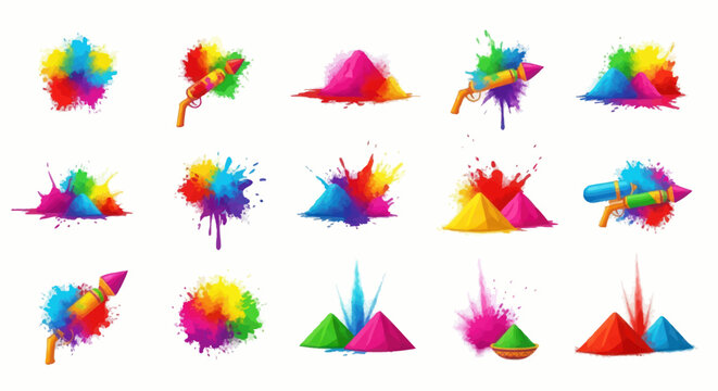 Vibrant Holi Powder Explosions and Water Guns - Colorful Celebration Elements